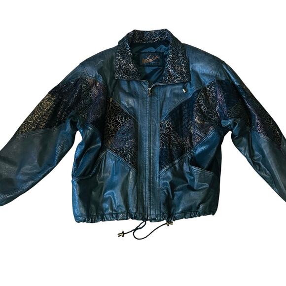 Vintage 80s Black Leather Jacket Metallic Gold Patchwork Suede Large 1990s 1980s - Picture 1 of 12